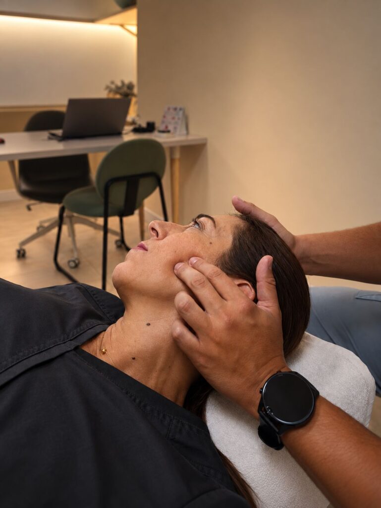 Fisioterapeuta tratando la articulación temporomandibular (ATM) de una paciente en Fisioelysium, Madrid